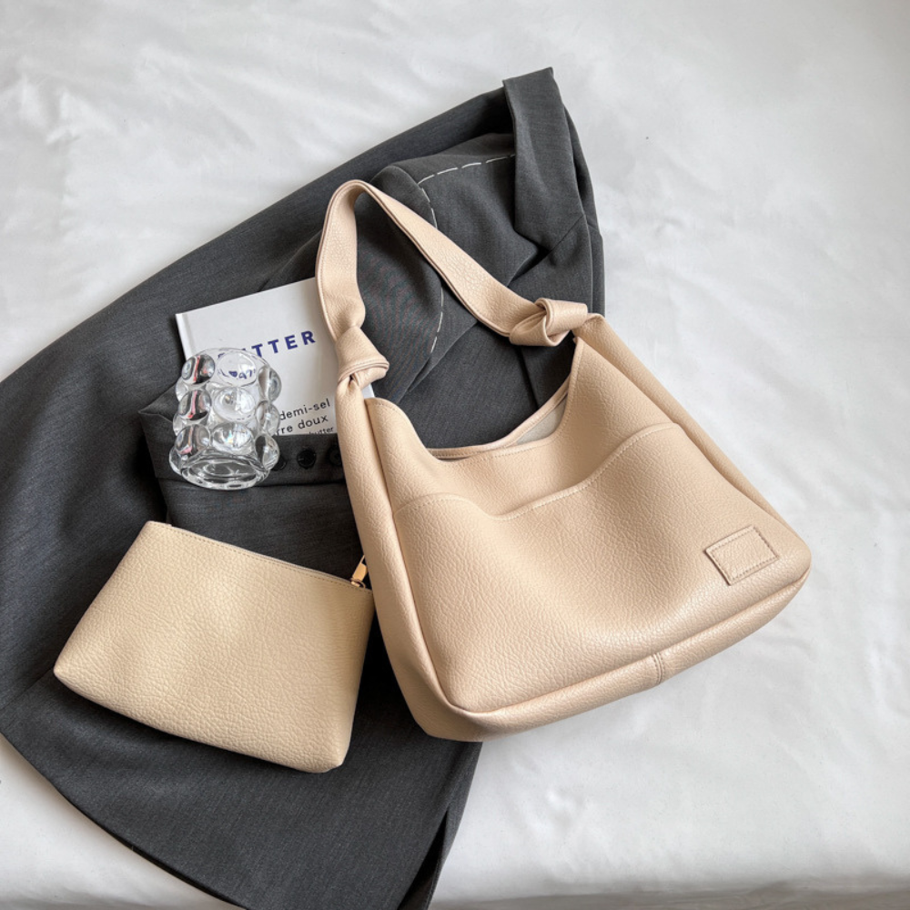 Hobo Bag Grained Faux Leather with Knotted Strap and Pouch