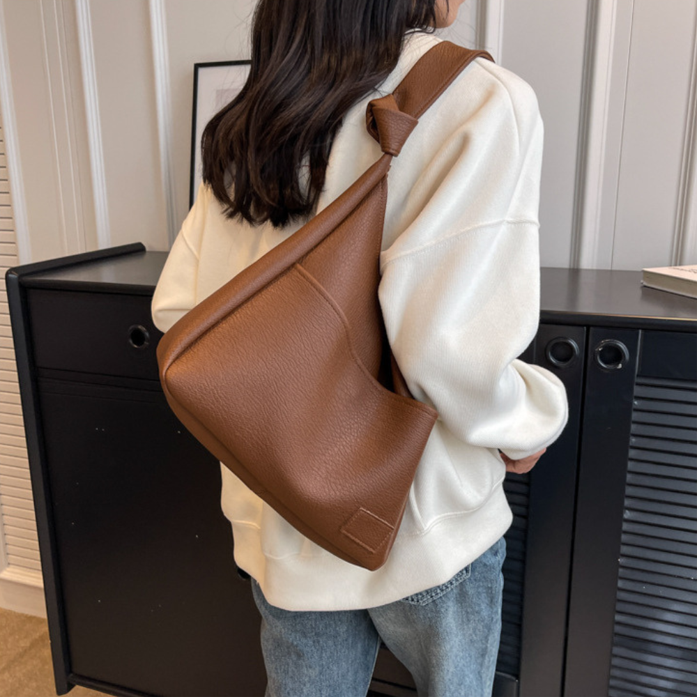 Hobo Bag Grained Faux Leather with Knotted Strap and Pouch