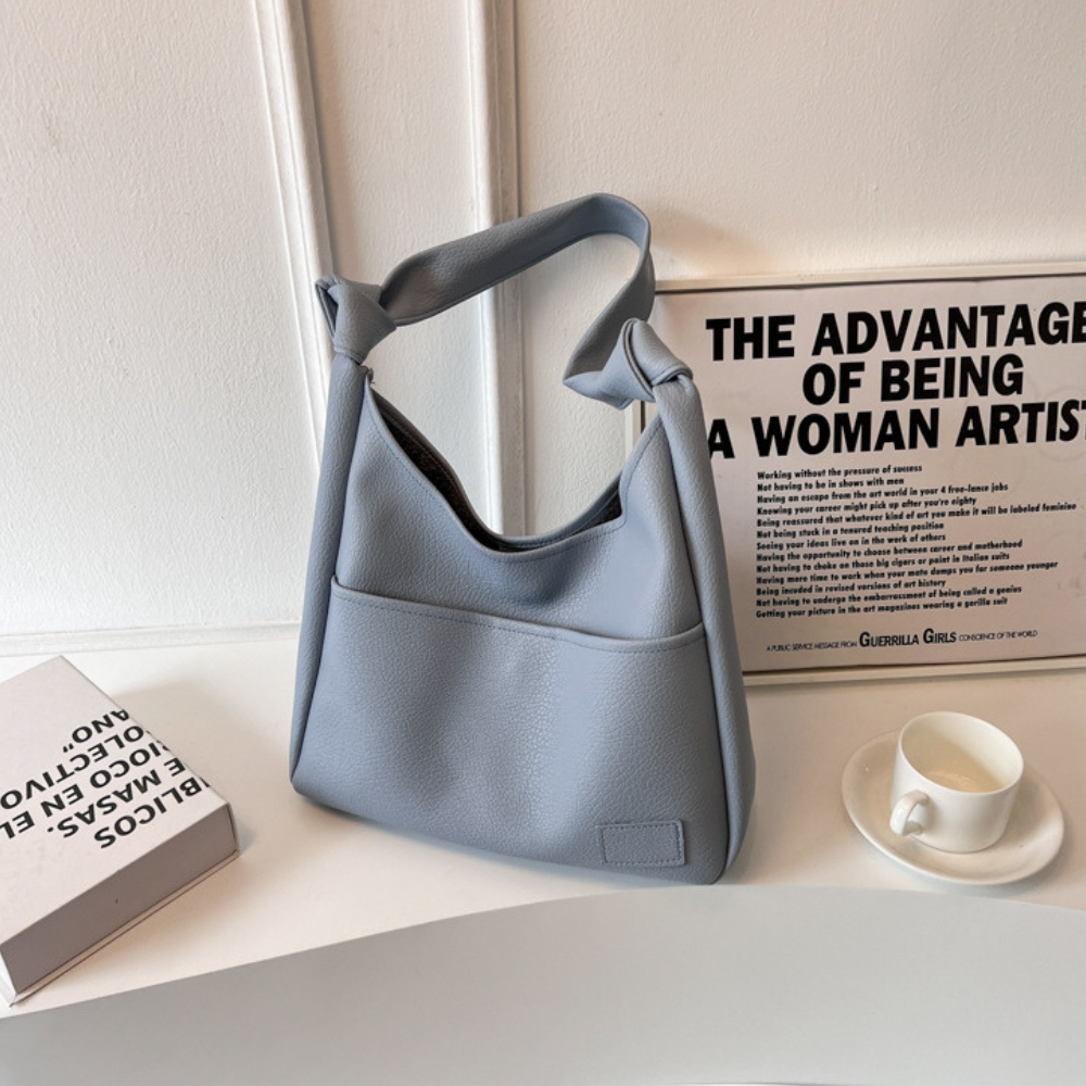 Hobo Bag Grained Faux Leather with Knotted Strap and Pouch
