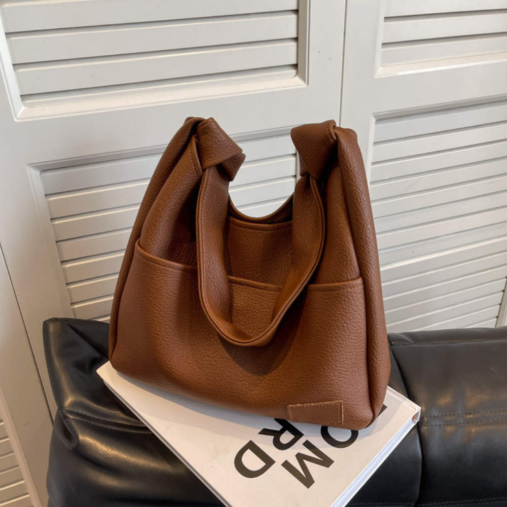 Hobo Bag Grained Faux Leather with Knotted Strap and Pouch