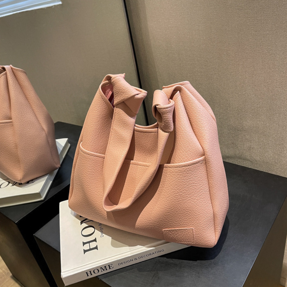 Hobo Bag Grained Faux Leather with Knotted Strap and Pouch