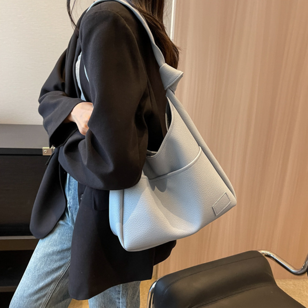 Hobo Bag Grained Faux Leather with Knotted Strap and Pouch