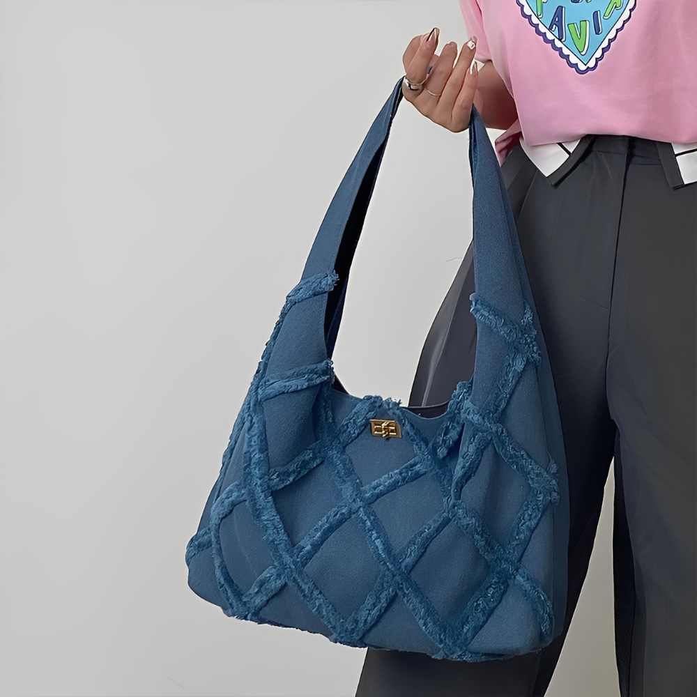 Hobo Bag Denim with Quilted Topstitching and Gold Turn-Lock