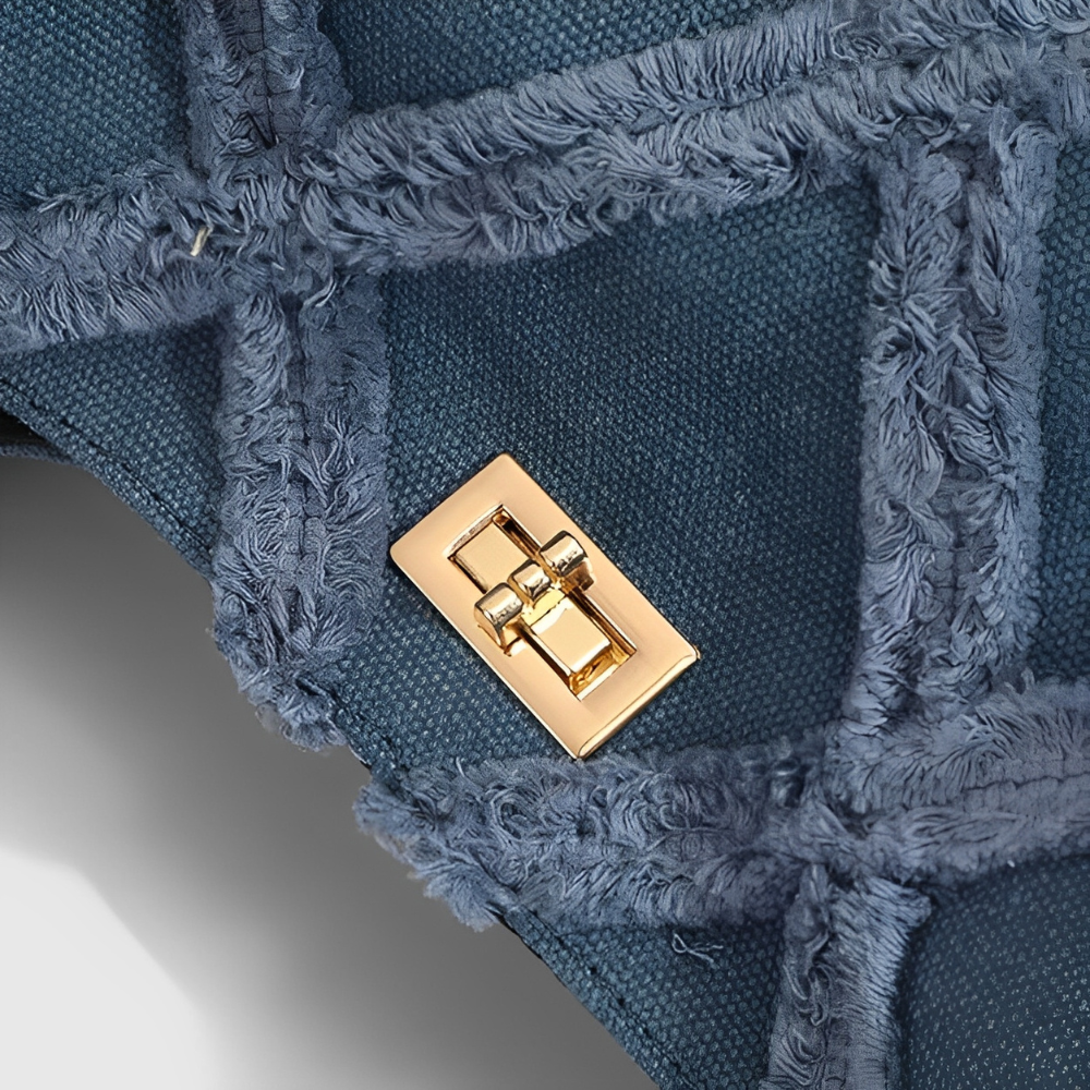 Hobo Bag Denim with Quilted Topstitching and Gold Turn-Lock