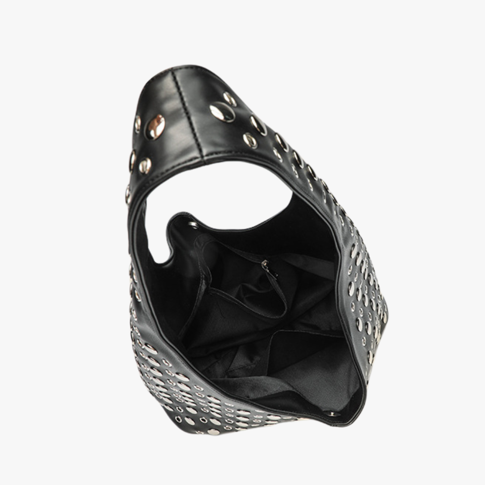 Hobo Bag Faux Leather with Metallic Rivets and Wide Strap