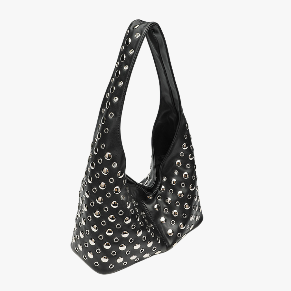 Hobo Bag Faux Leather with Metallic Rivets and Wide Strap