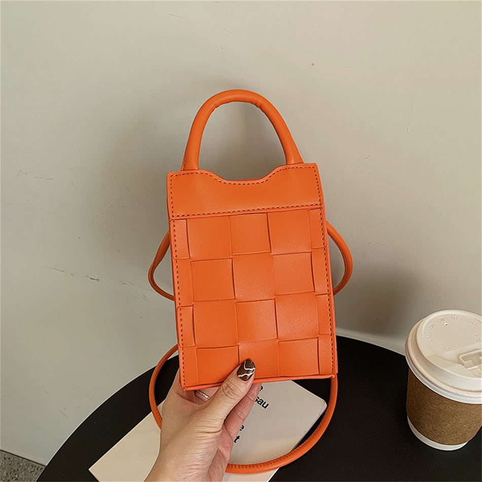 Phone Bag Faux Leather Woven with Top Handles and Strap