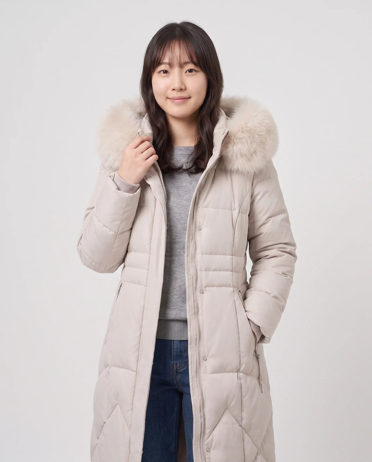 Long Fitted Puffer Parka with Faux Fur Hood