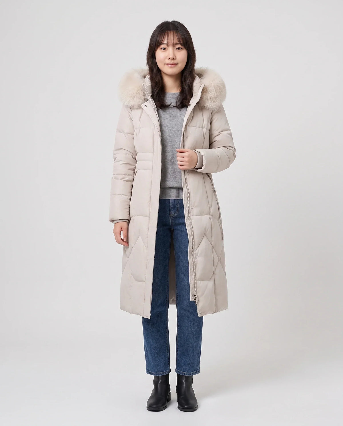 Long Fitted Puffer Parka with Faux Fur Hood