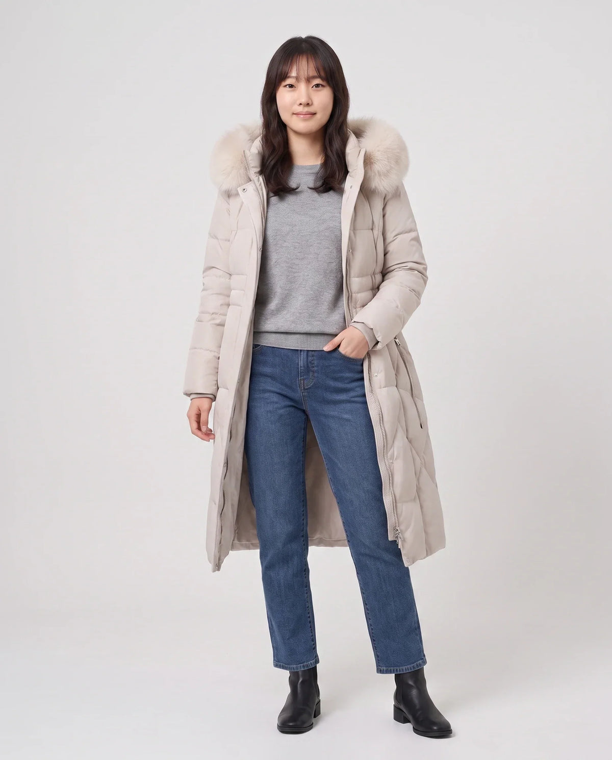 Long Fitted Puffer Parka with Faux Fur Hood