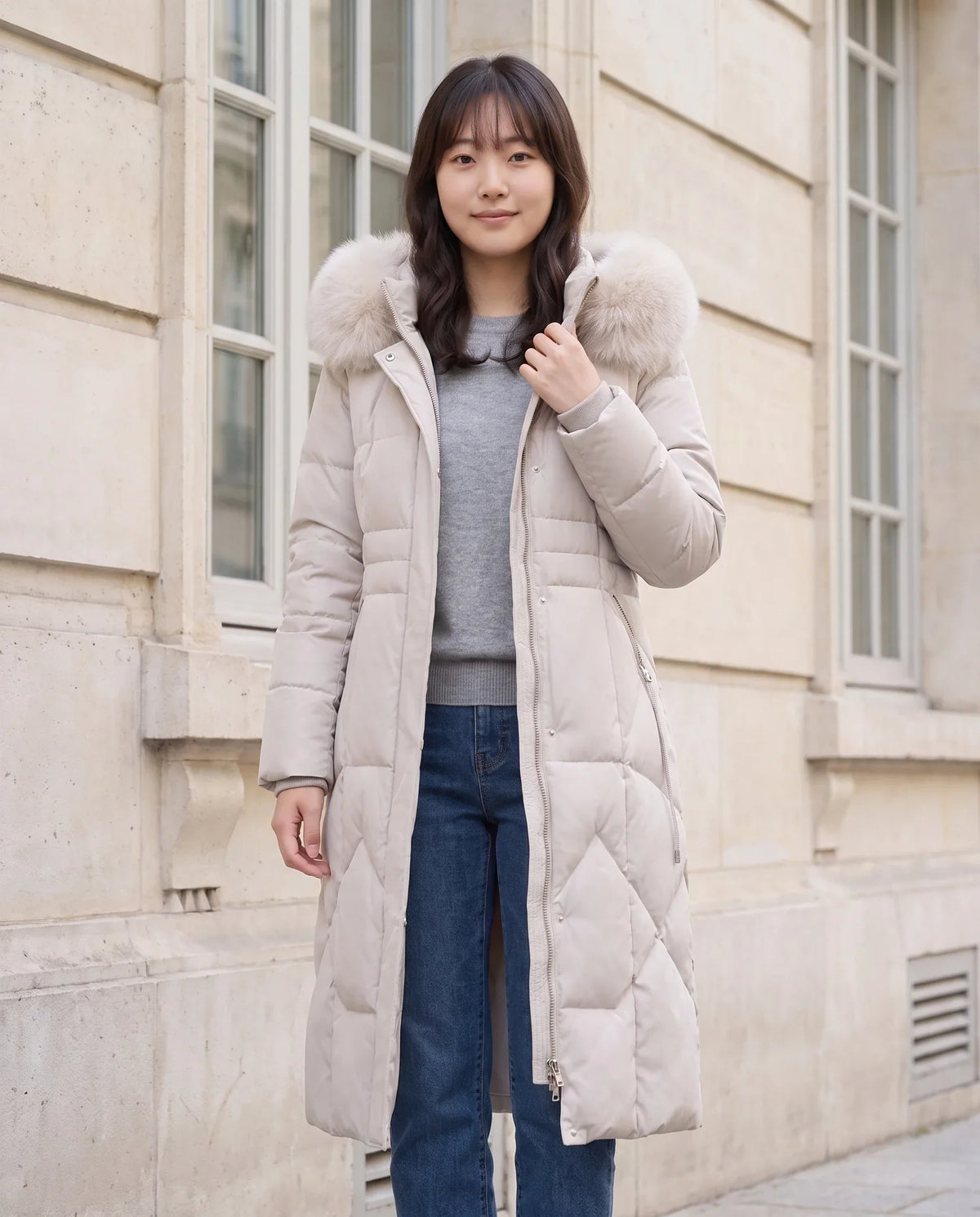 Long Fitted Puffer Parka with Faux Fur Hood