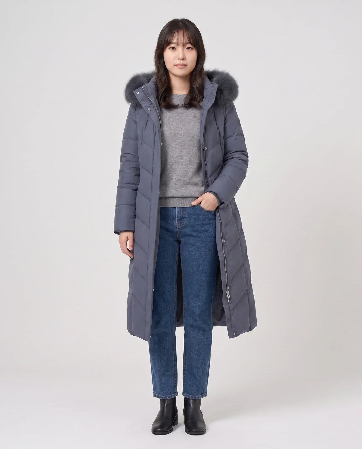 Long Fitted Puffer Parka with Faux Fur Hood