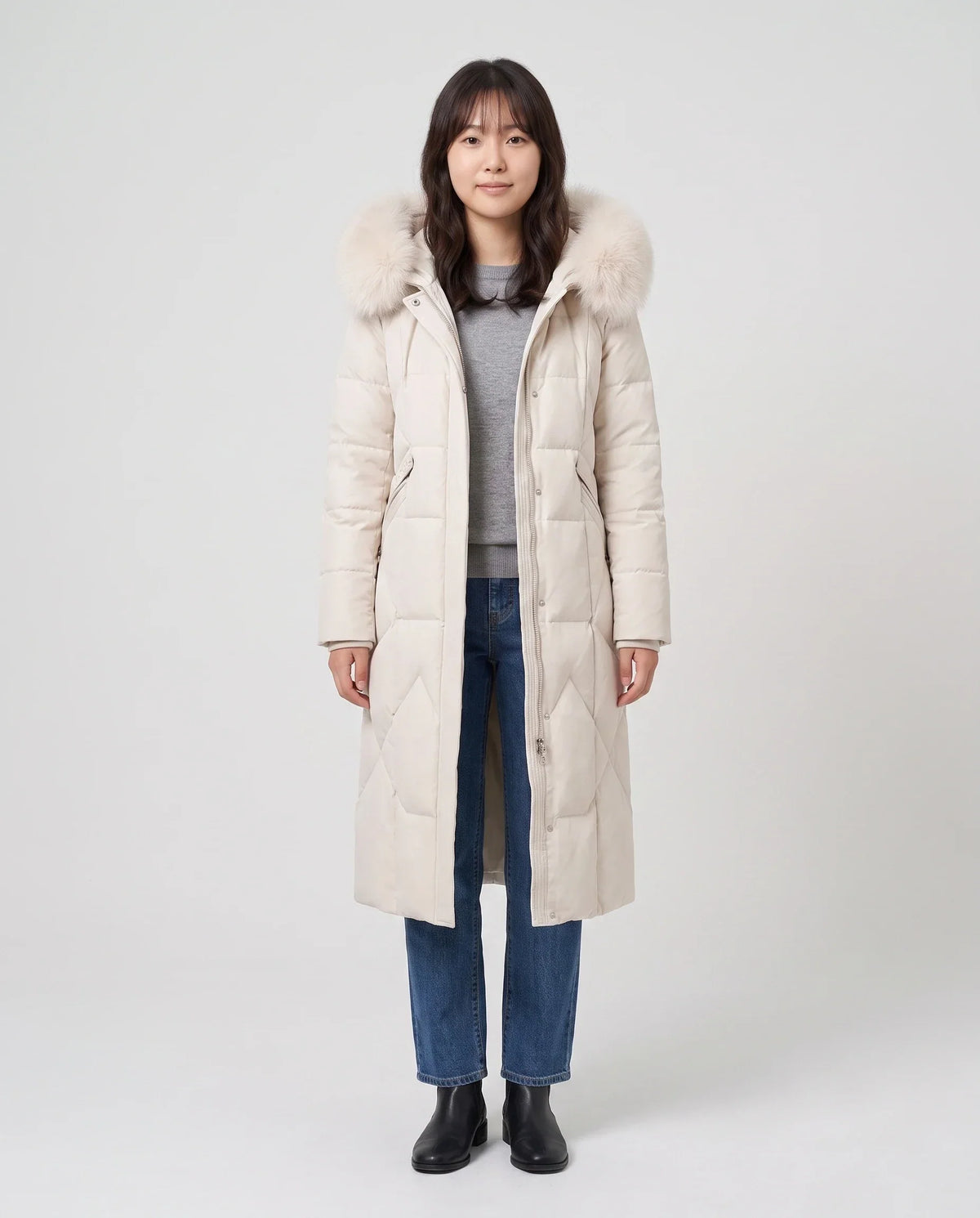 Long Fitted Puffer Parka with Faux Fur Hood