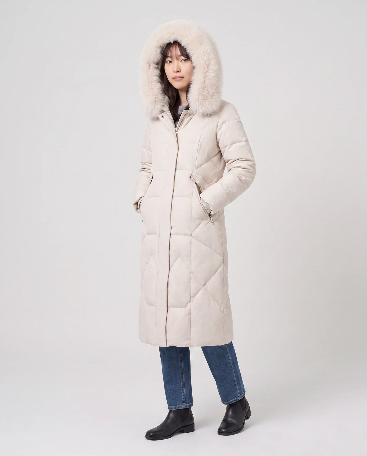 Long Fitted Puffer Parka with Faux Fur Hood