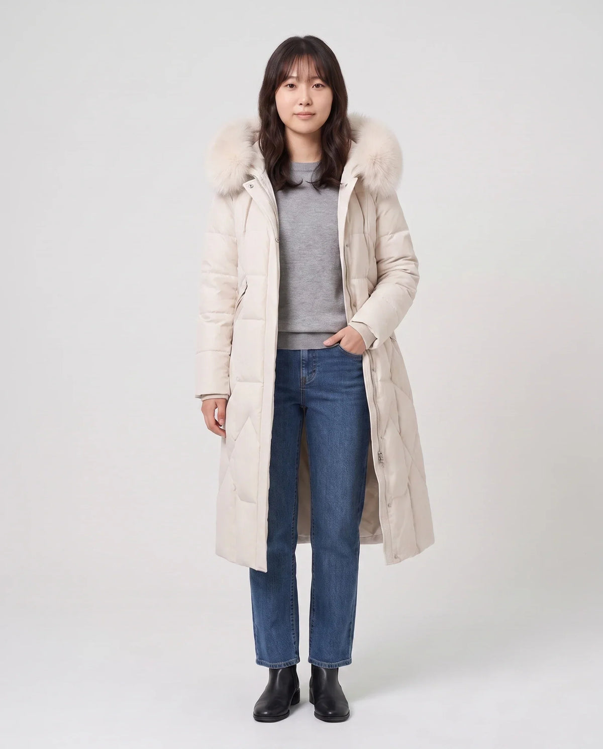 Long Fitted Puffer Parka with Faux Fur Hood