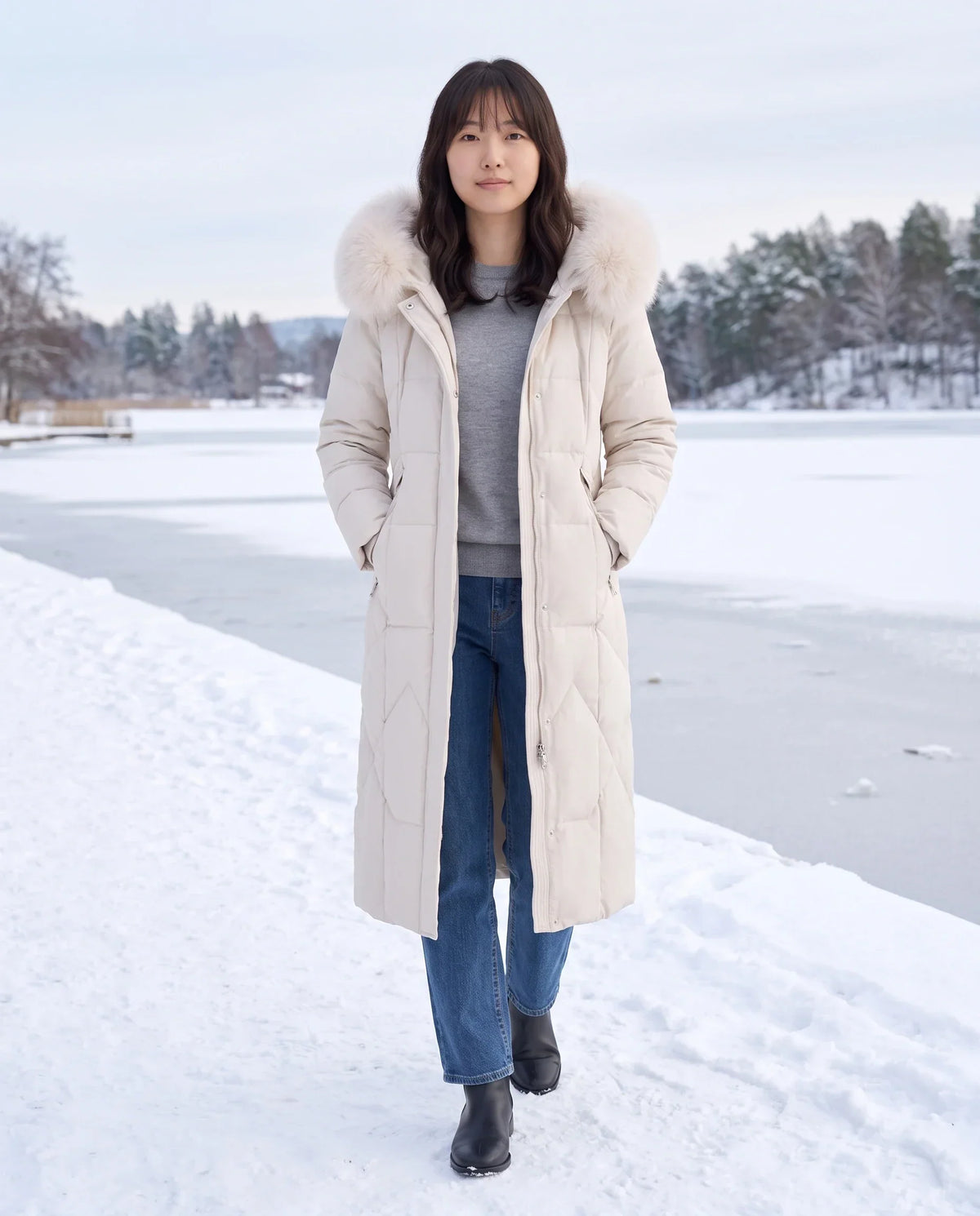 Long Fitted Puffer Parka with Faux Fur Hood