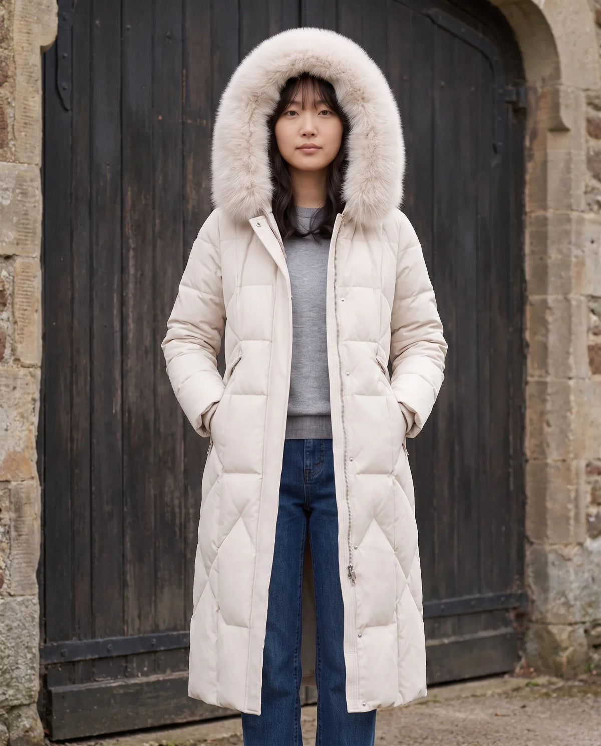 Long Fitted Puffer Parka with Faux Fur Hood