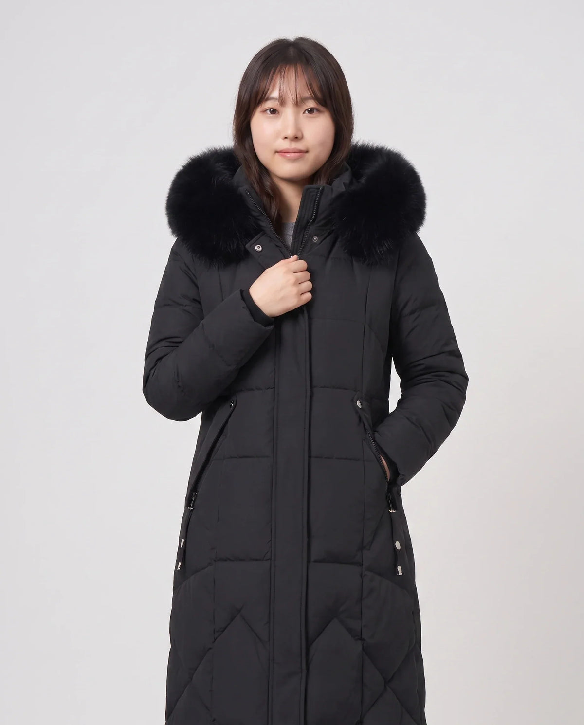 Long Fitted Puffer Parka with Faux Fur Hood