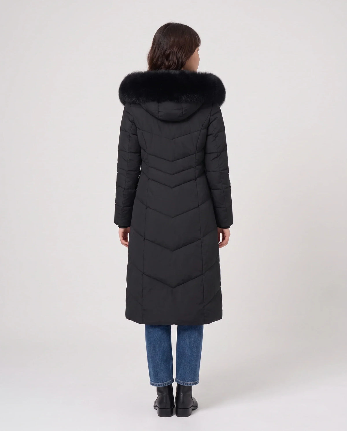 Long Fitted Puffer Parka with Faux Fur Hood