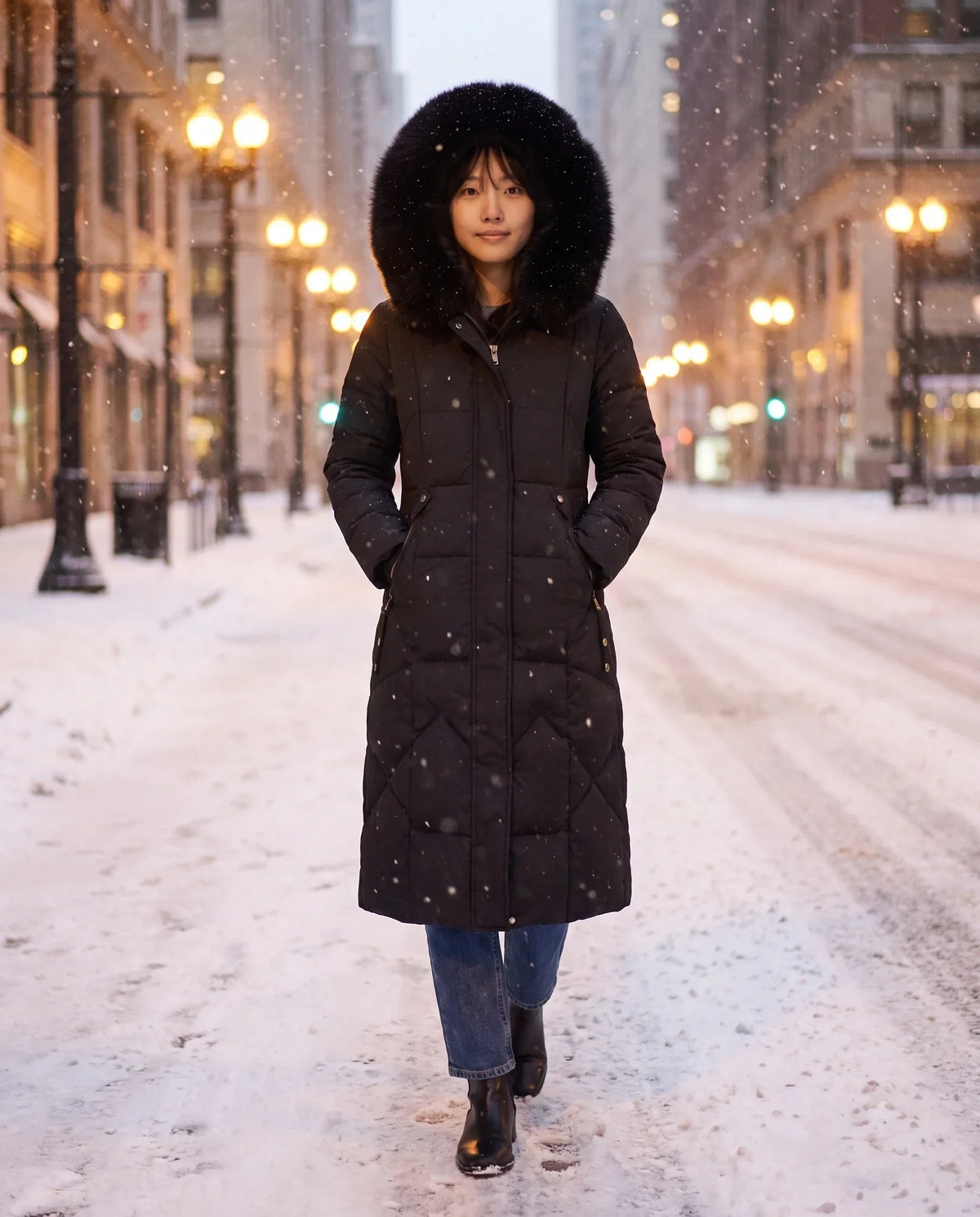 Long Fitted Puffer Parka with Faux Fur Hood