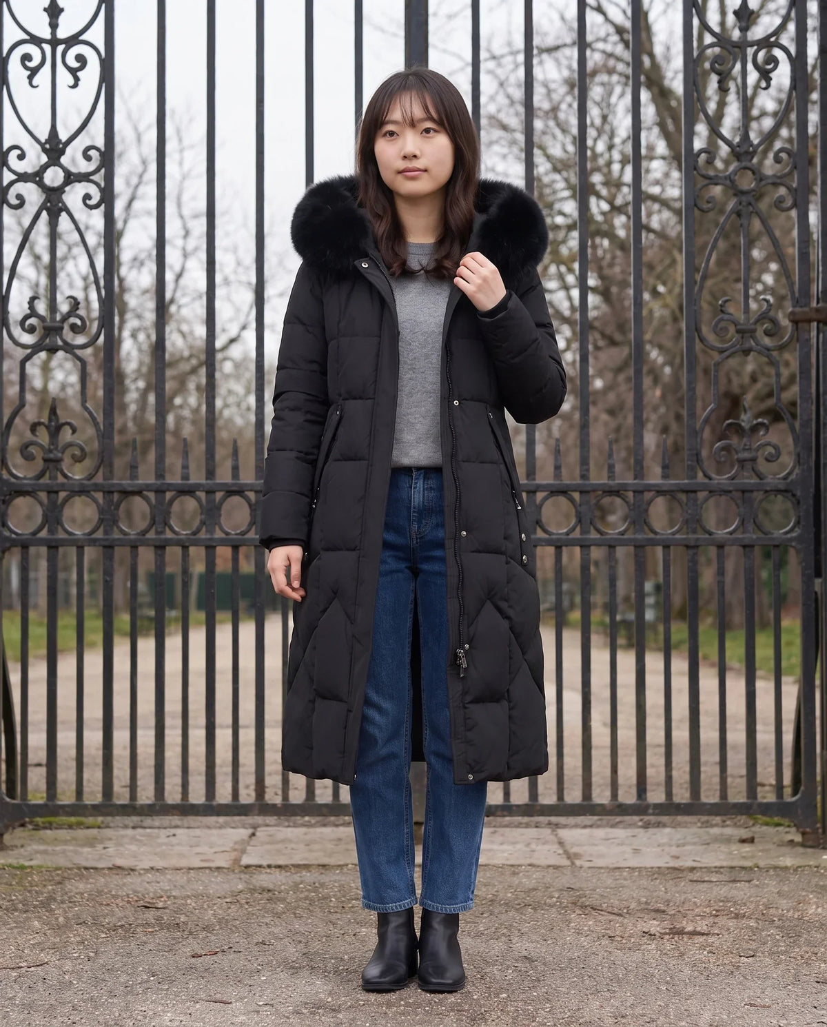 Long Fitted Puffer Parka with Faux Fur Hood