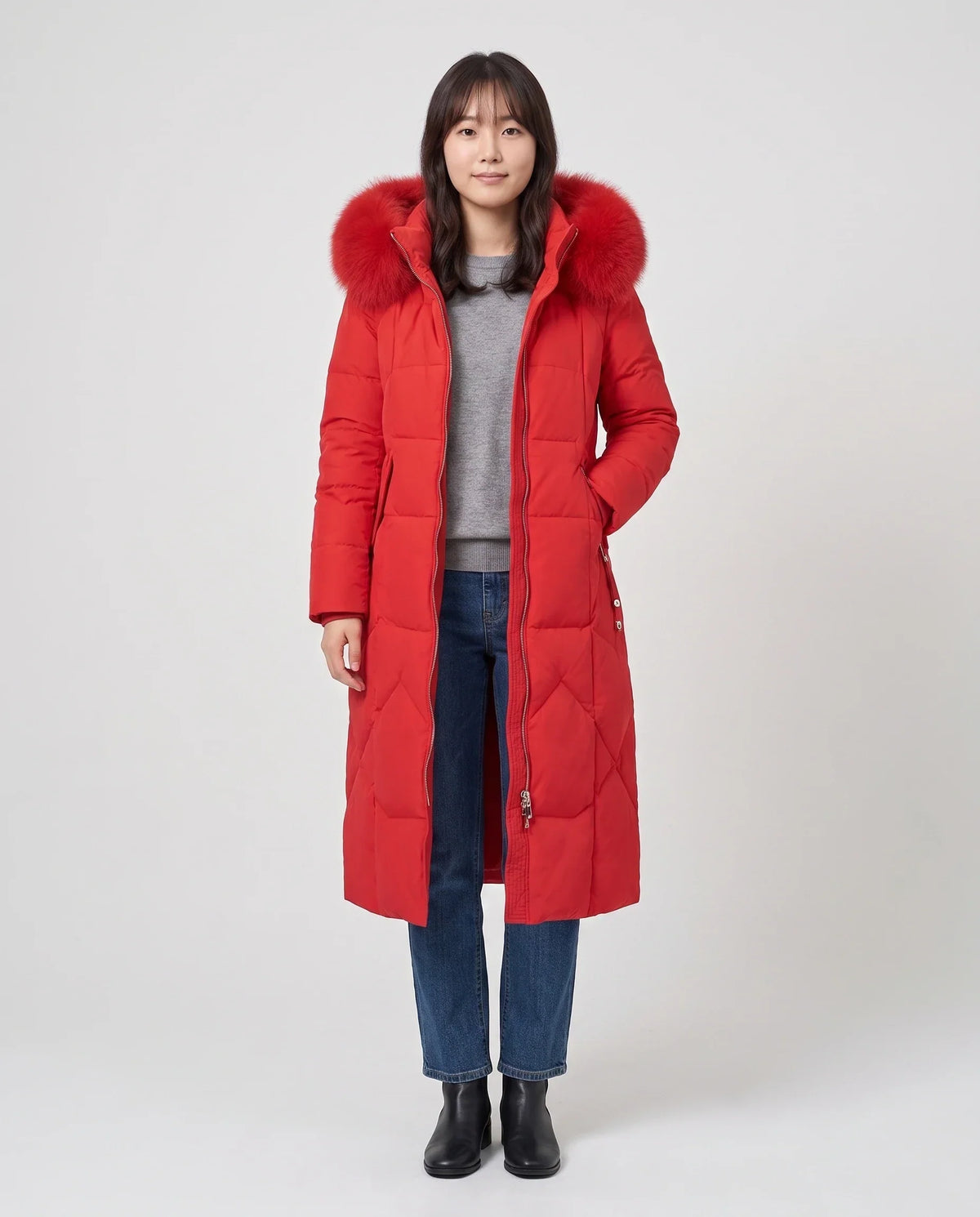 Long Fitted Puffer Parka with Faux Fur Hood