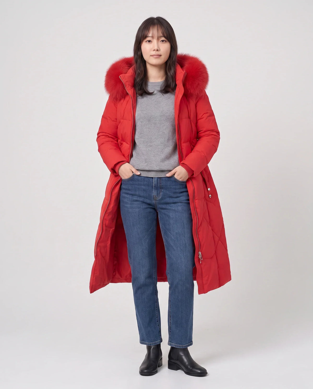 Long Fitted Puffer Parka with Faux Fur Hood