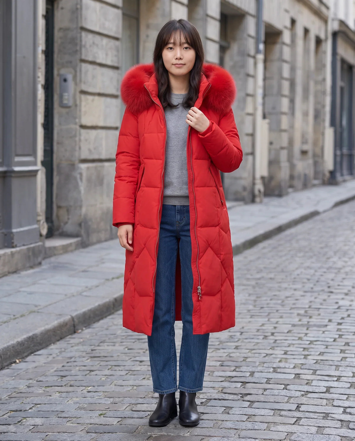 Long Fitted Puffer Parka with Faux Fur Hood