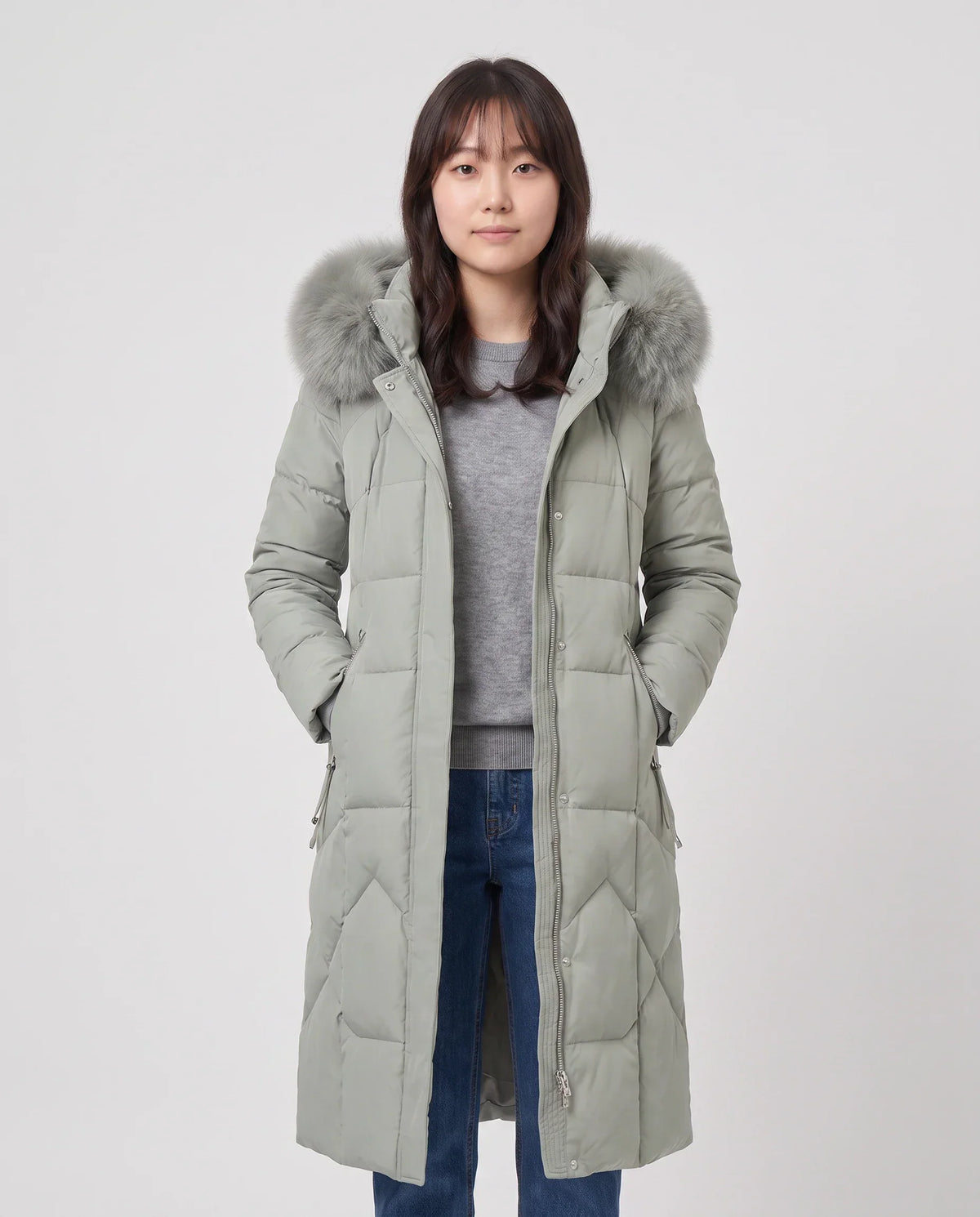 Long Fitted Puffer Parka with Faux Fur Hood