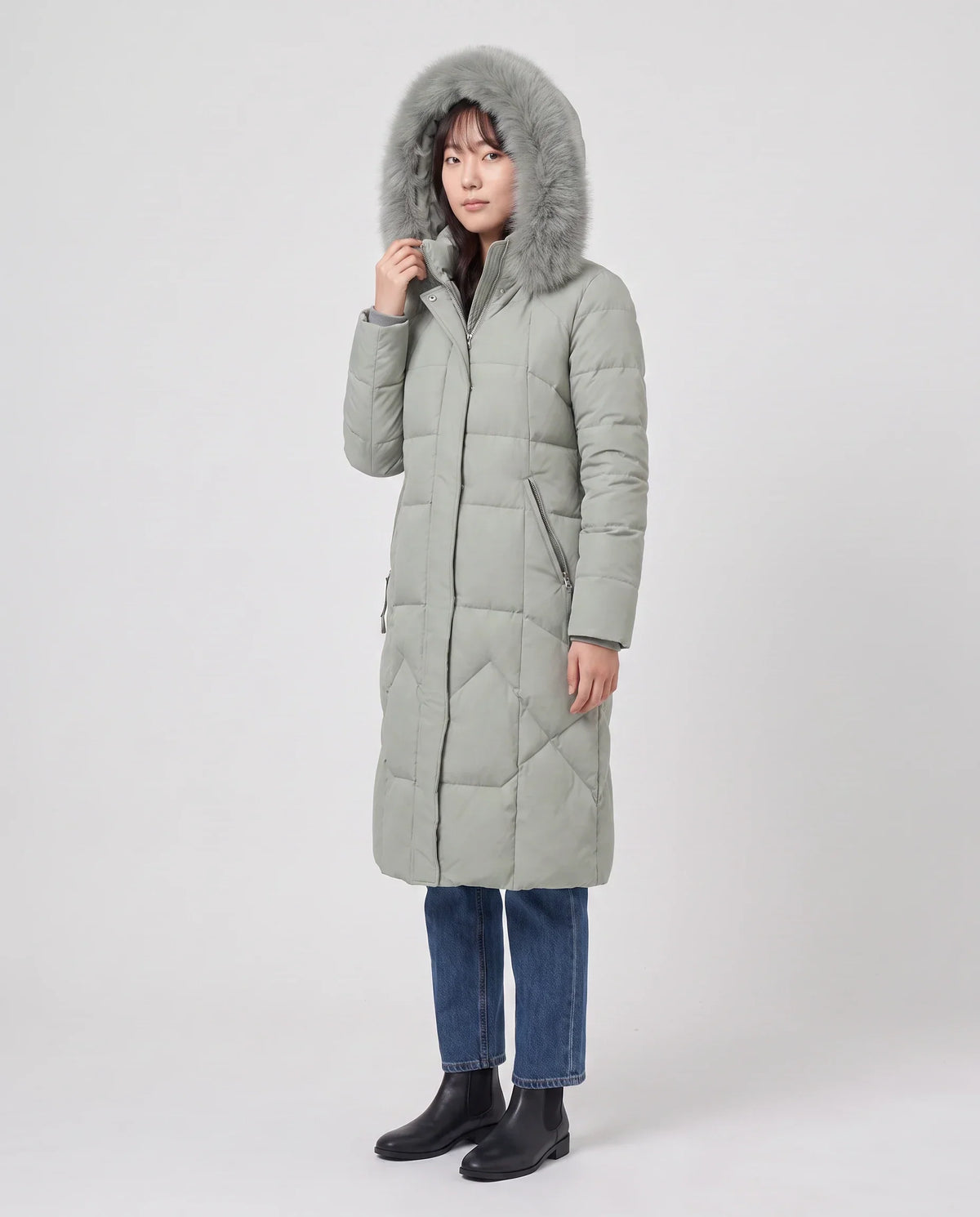 Long Fitted Puffer Parka with Faux Fur Hood