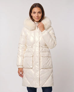 Shiny Mid-Length Parka with Faux Fur Hood