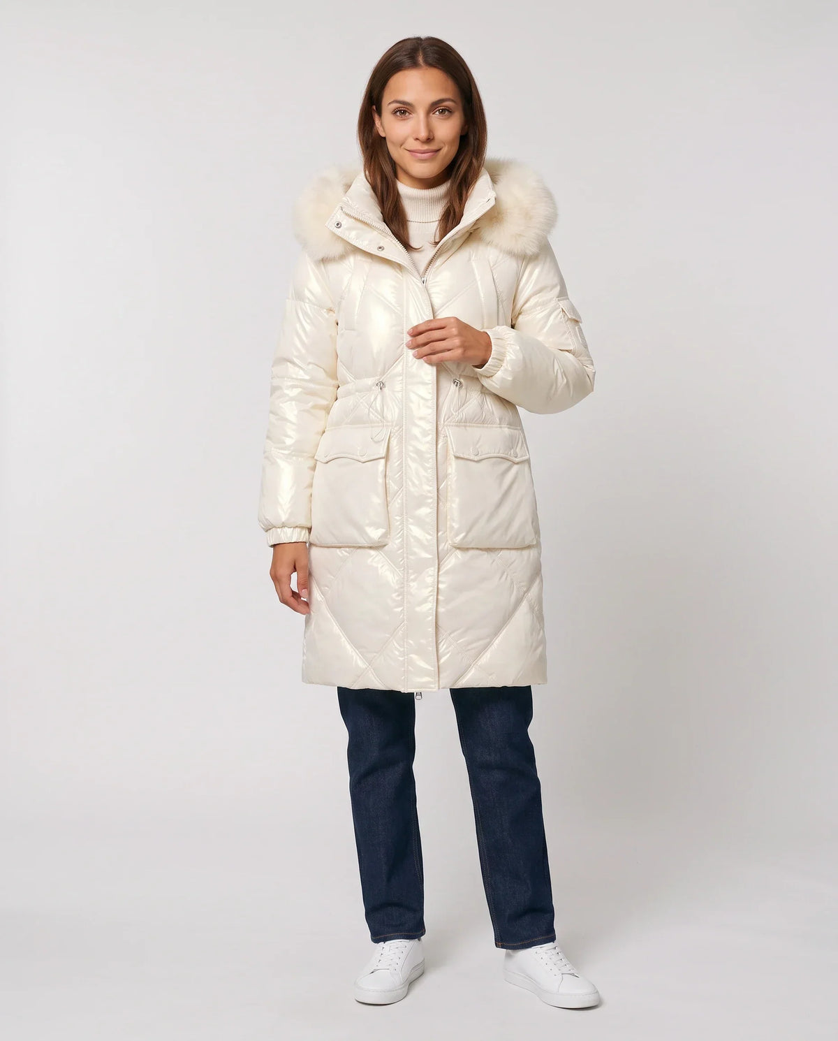 Shiny Mid-Length Parka with Faux Fur Hood