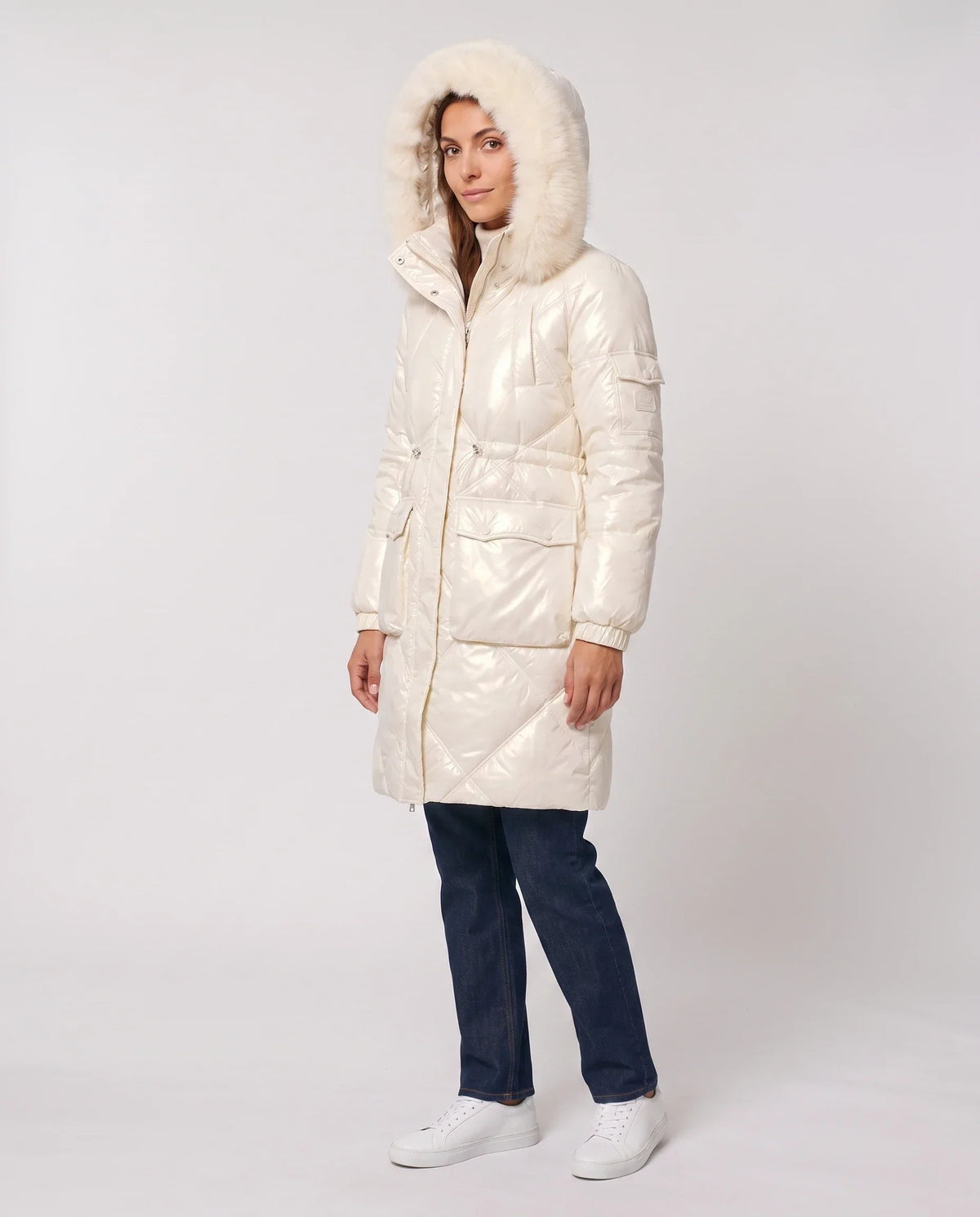 Shiny Mid-Length Parka with Faux Fur Hood