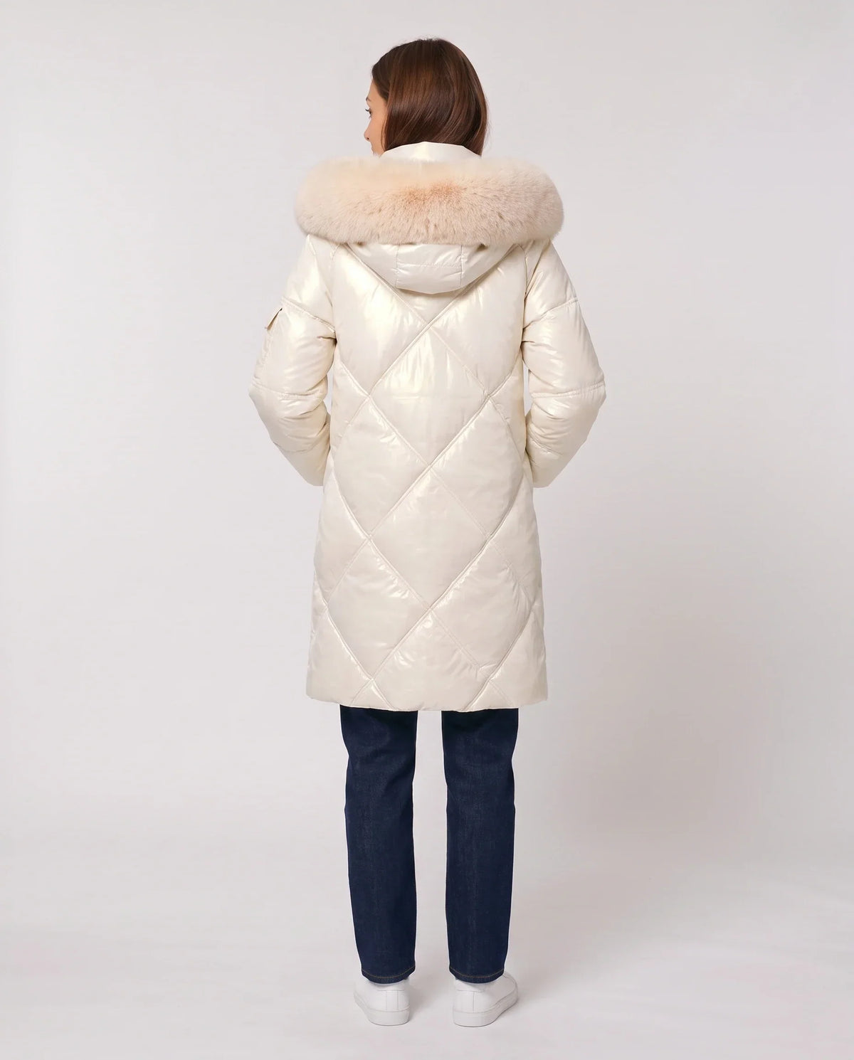 Shiny Mid-Length Parka with Faux Fur Hood