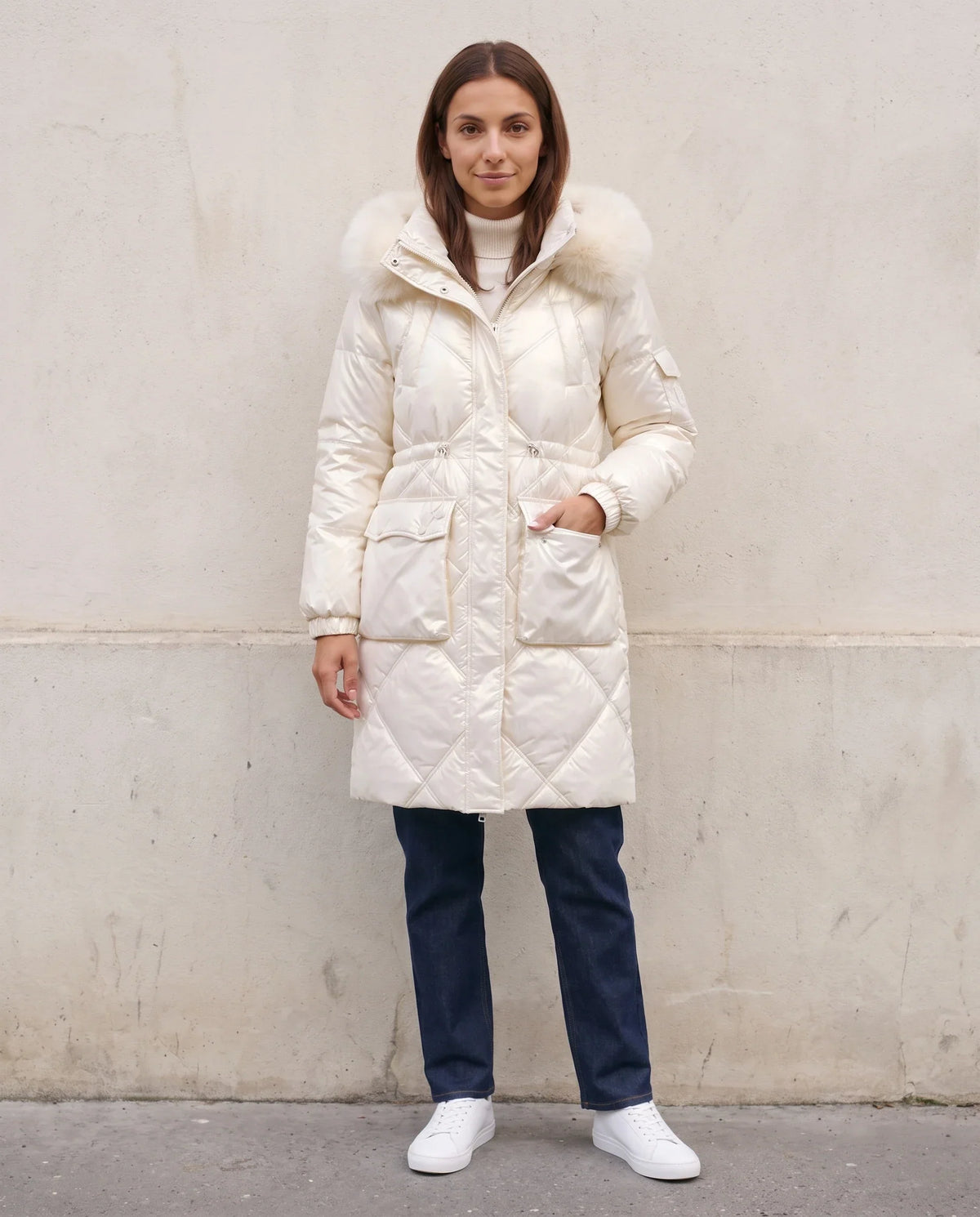 Shiny Mid-Length Parka with Faux Fur Hood