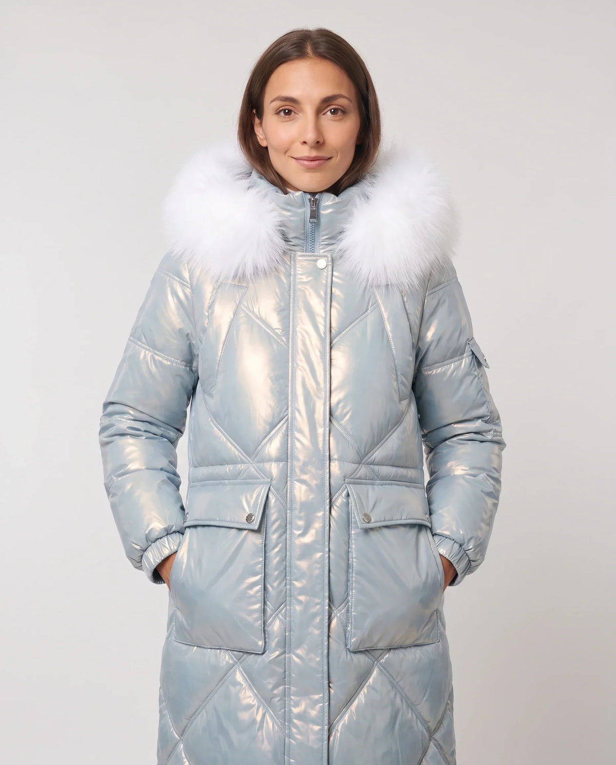 Shiny Mid-Length Parka with Faux Fur Hood