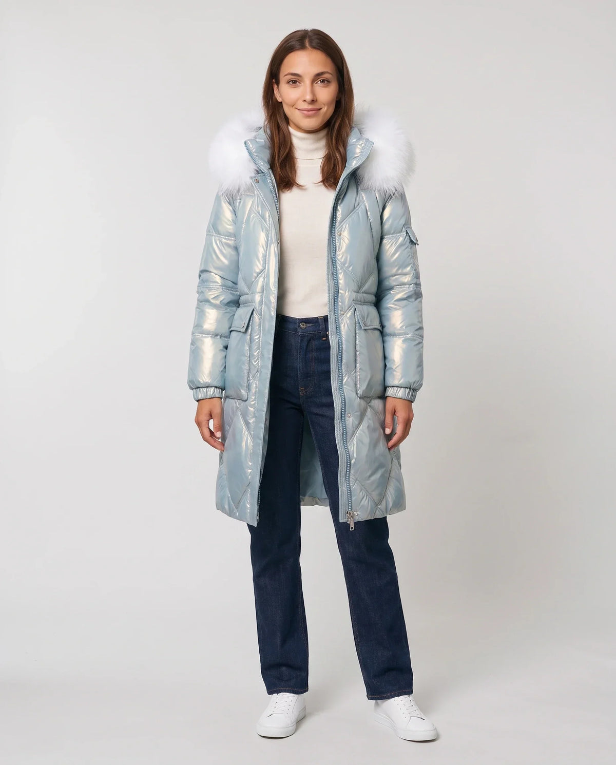 Shiny Mid-Length Parka with Faux Fur Hood