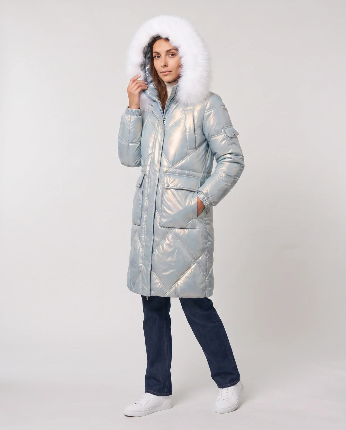 Shiny Mid-Length Parka with Faux Fur Hood