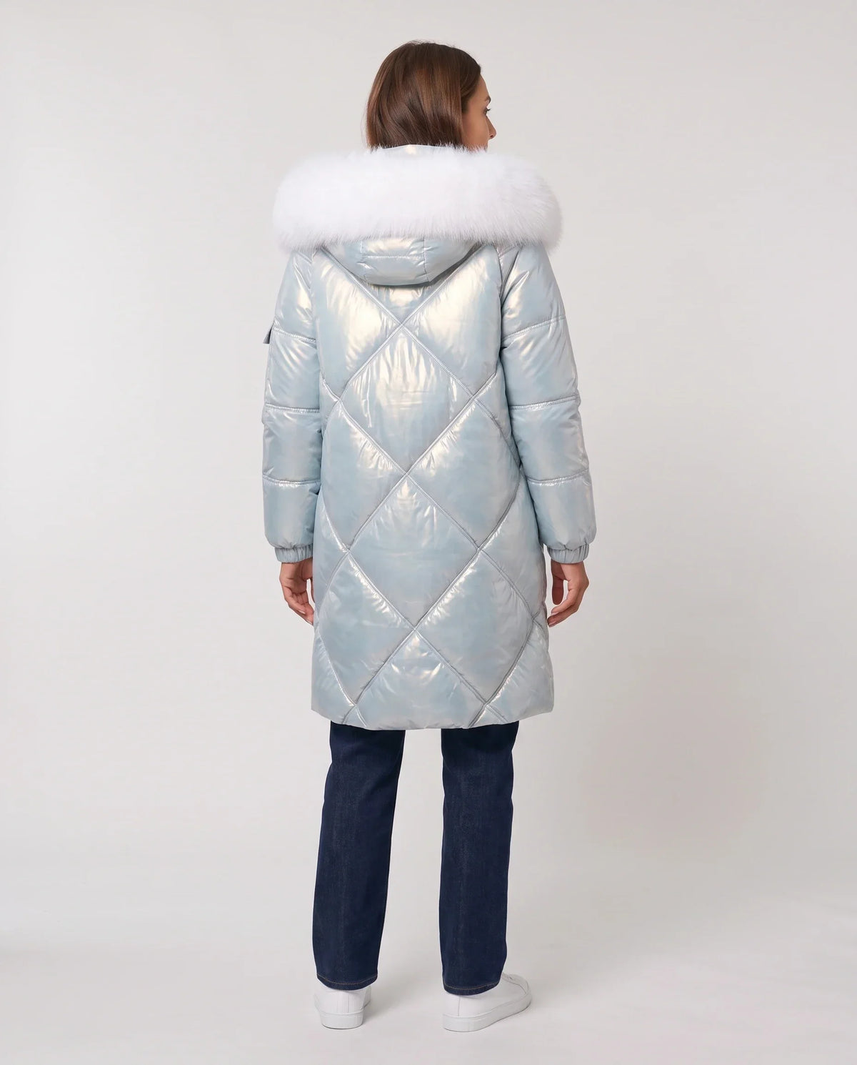 Shiny Mid-Length Parka with Faux Fur Hood