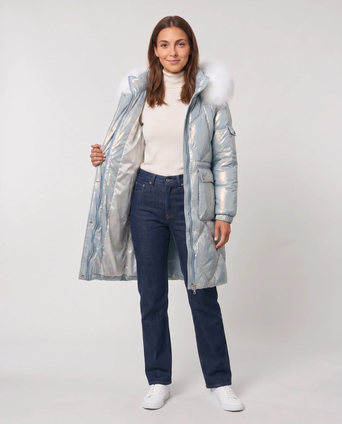 Shiny Mid-Length Parka with Faux Fur Hood