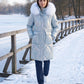 Shiny Mid-Length Parka with Faux Fur Hood