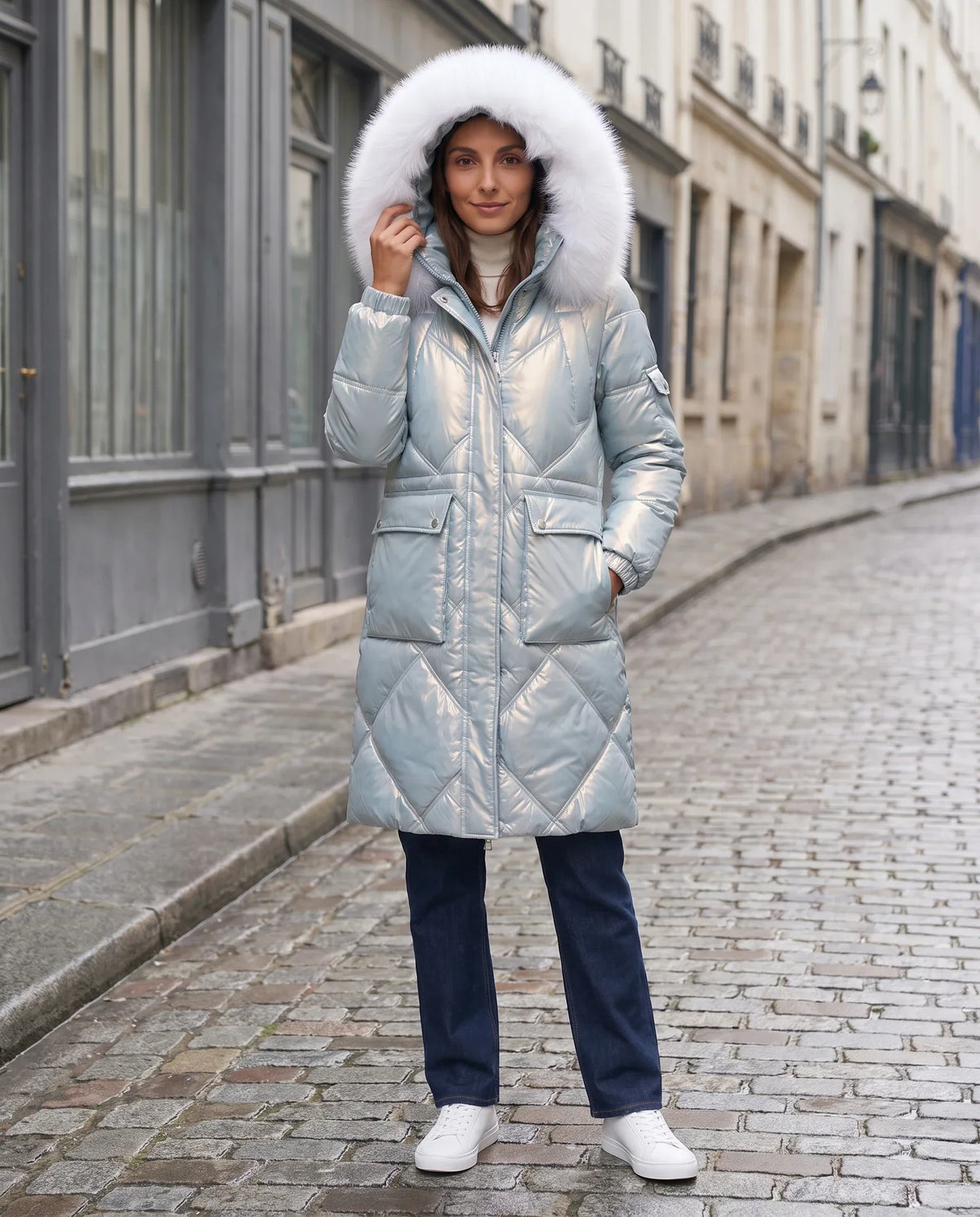 Shiny Mid-Length Parka with Faux Fur Hood