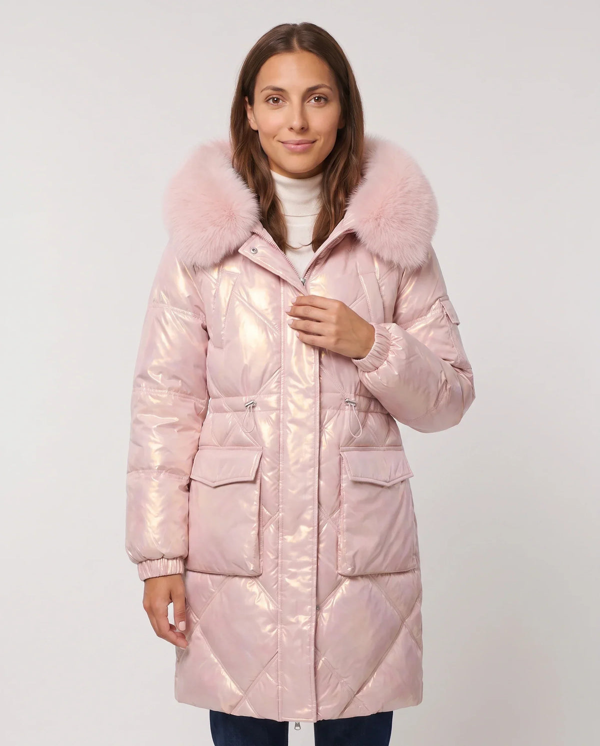 Shiny Mid-Length Parka with Faux Fur Hood