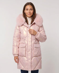 Shiny Mid-Length Parka with Faux Fur Hood