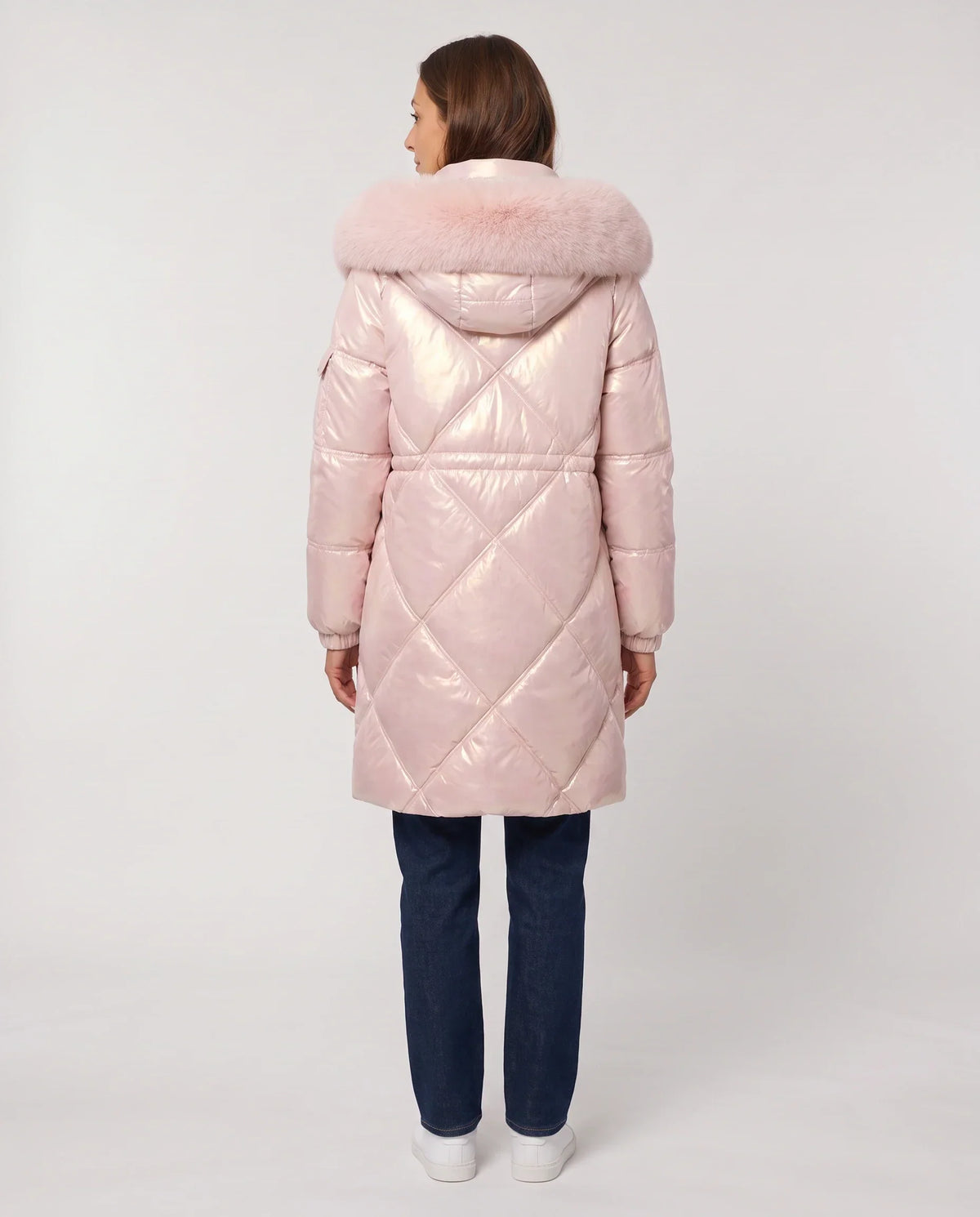 Shiny Mid-Length Parka with Faux Fur Hood