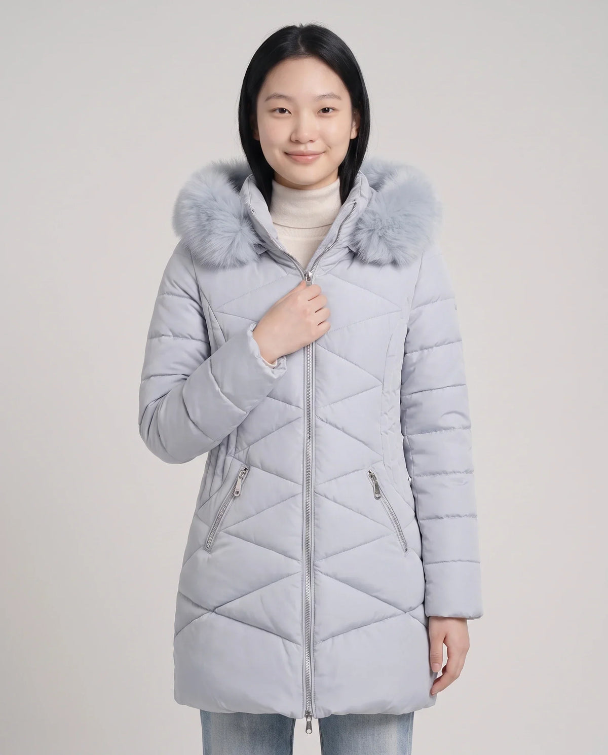 Fitted Mid-Length Parka with Faux Fur Hood