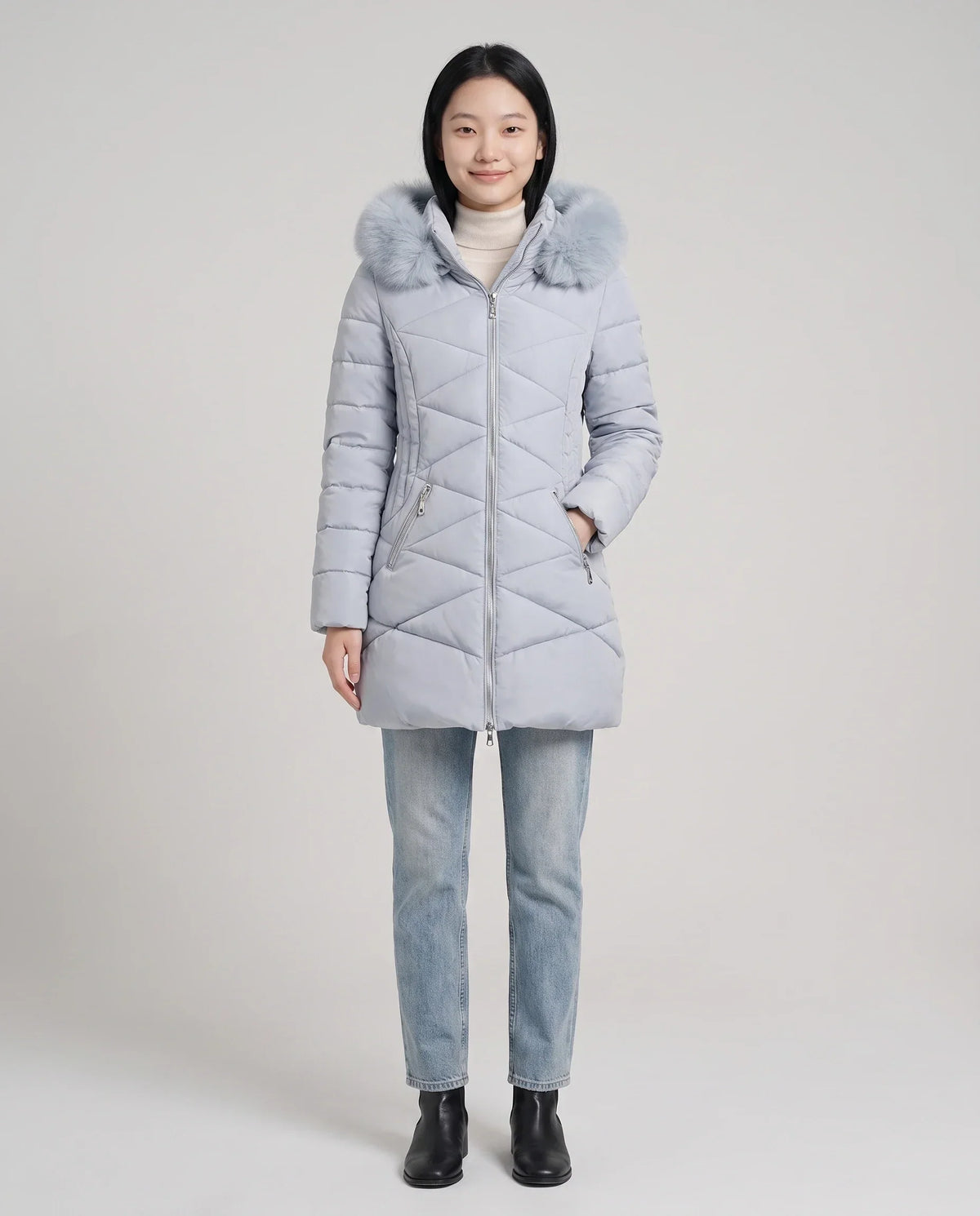 Fitted Mid-Length Parka with Faux Fur Hood