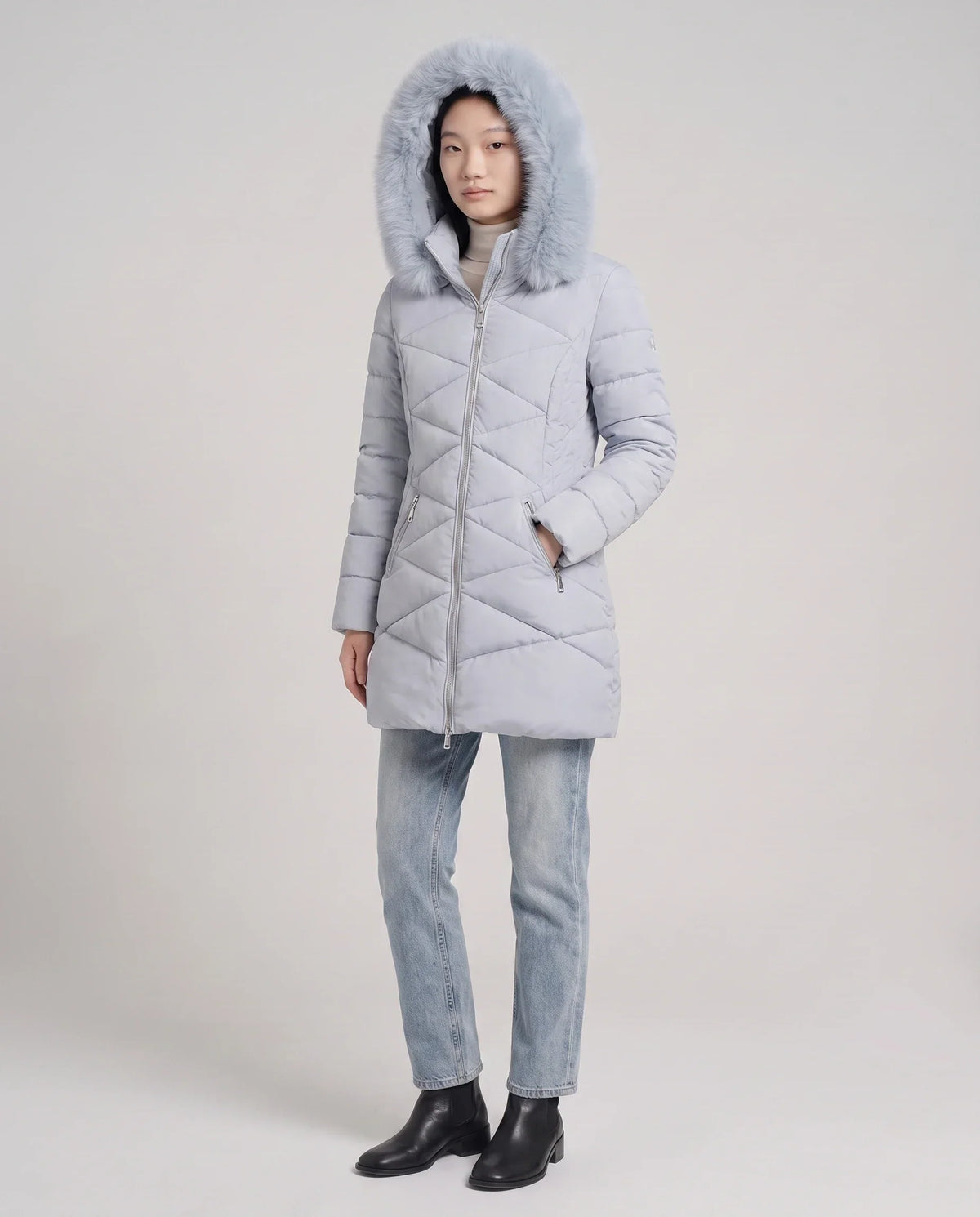 Fitted Mid-Length Parka with Faux Fur Hood
