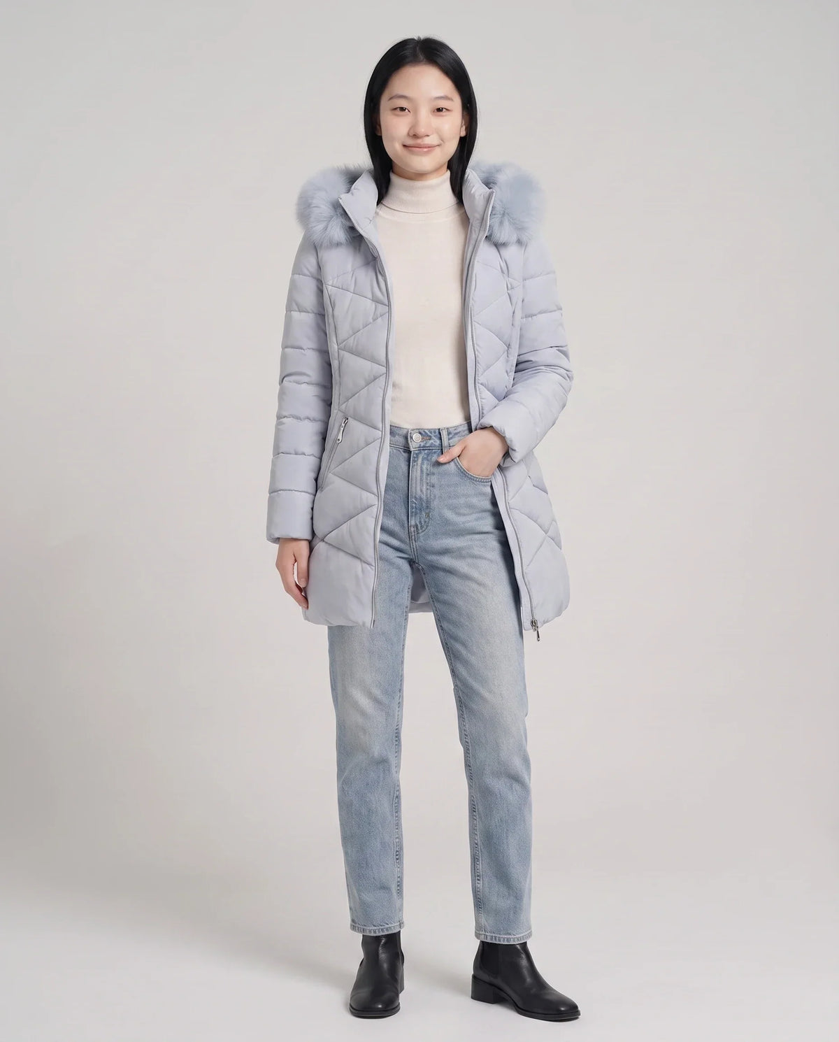Fitted Mid-Length Parka with Faux Fur Hood