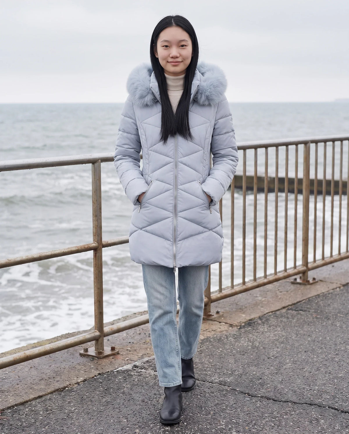 Fitted Mid-Length Parka with Faux Fur Hood